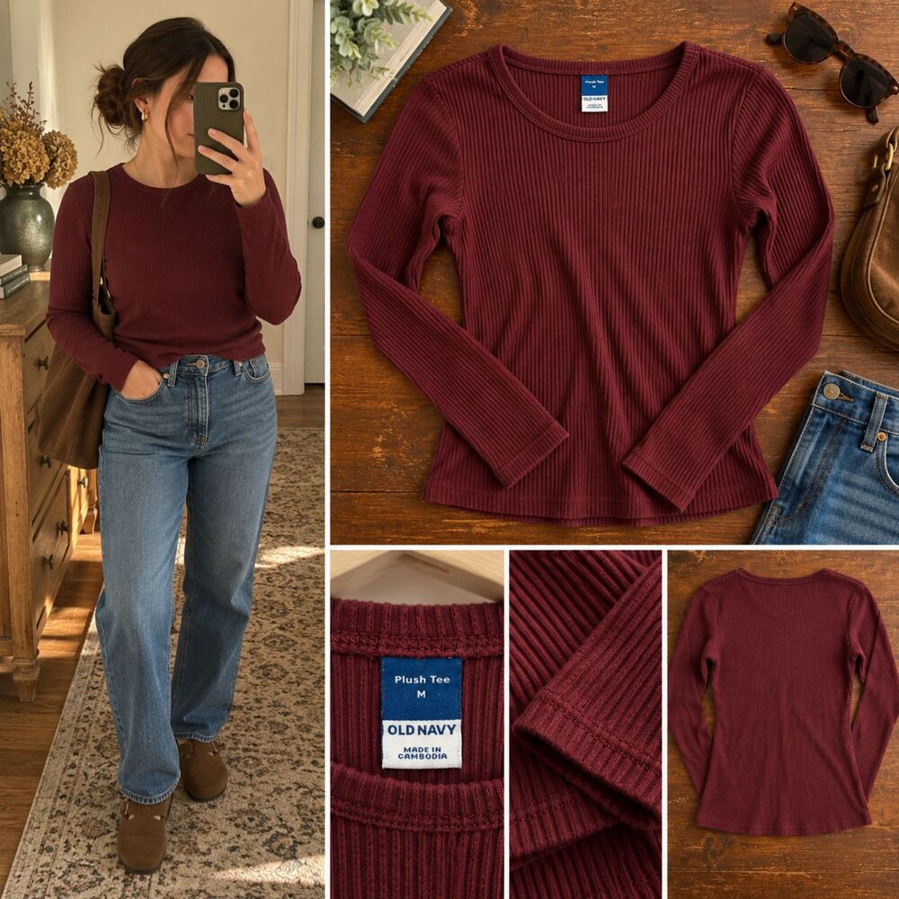 Old Navy Plush Tee Medium Burgundy Ribbed Long Sleeve Stretch Top